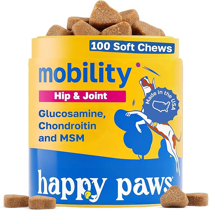 Happy Paws Hip & Joint Supplement for Dogs, Glucosamine Chondroitin For Dogs Of All Breeds, Mobility Support Chews With Hyaluronic Acid & Turmeric, Vegan Bacon Flavor, Organic, Non GMO, 100 Soft Chews