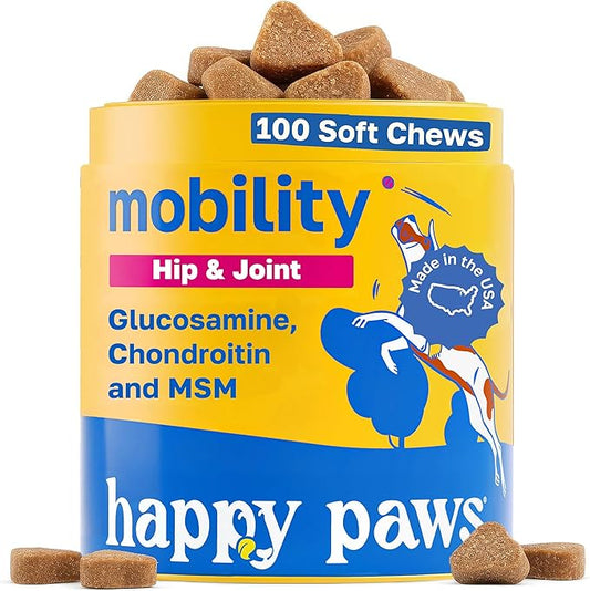 Happy Paws Hip & Joint Supplement for Dogs, Glucosamine Chondroitin For Dogs Of All Breeds, Mobility Support Chews With Hyaluronic Acid & Turmeric, Vegan Bacon Flavor, Organic, Non GMO, 100 Soft Chews
