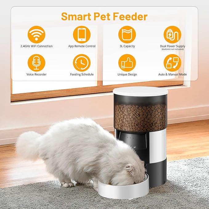 Ducksky Automatic Cat Feeder, 2.4Ghz WiFi Timed Dog Food Dispenser with APP Control, 3L Auto Dry Food Feeders for Pets, Programmable Portion Control, 10 Meals/Day, 10s Voice Recorder (WiFi)
