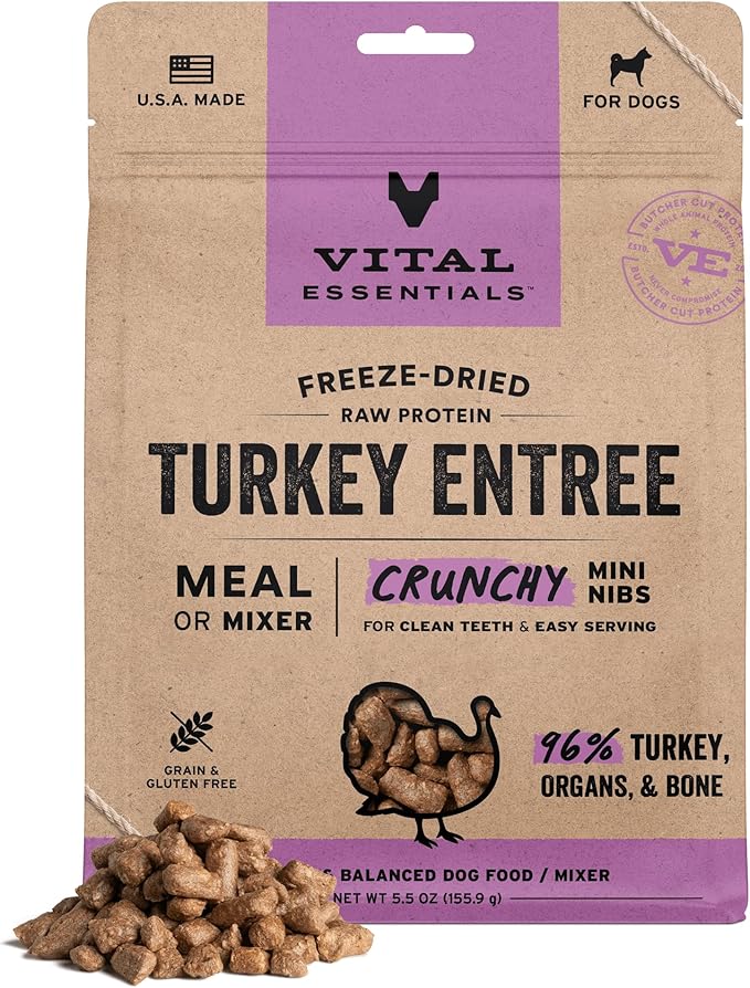 Vital Essentials Freeze-Dried Raw Turkey Crunchy Mini Nibs | Complete Meal or Mixer Dog Food | 5.5 oz
