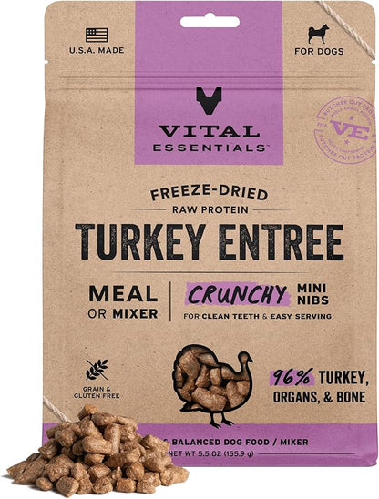Vital Essentials Freeze-Dried Raw Turkey Crunchy Mini Nibs | Complete Meal or Mixer Dog Food | 5.5 oz
