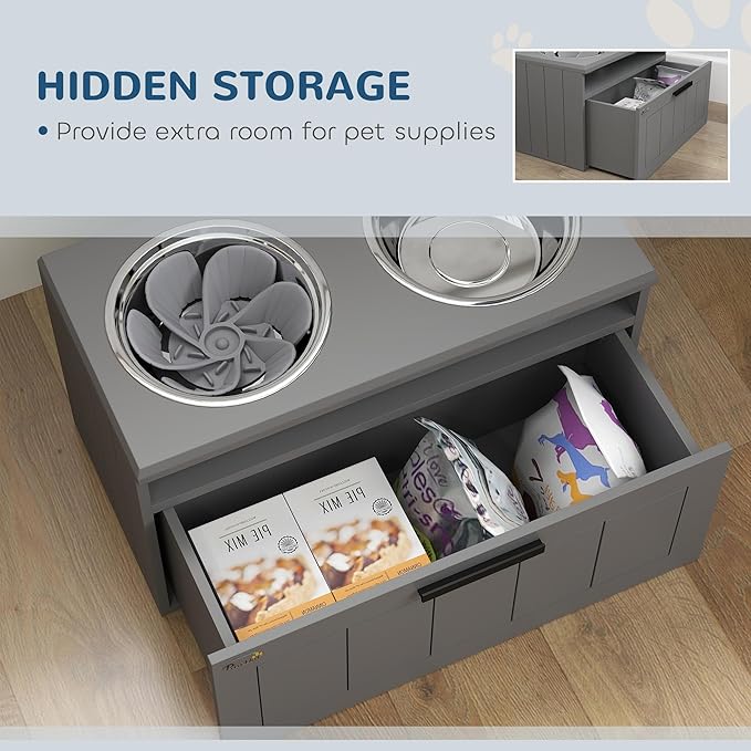 PawHut Elevated Dog Bowls, Raised Dogs Bowl Stand with 2 Stainless Steel Bowls, Storage Drawer and Slow Feeder Mat, Dog Feeding Station for Large and Extra Large Dogs, Gray