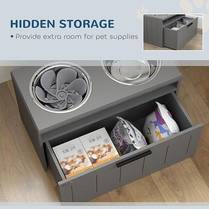 PawHut Elevated Dog Bowls, Raised Dogs Bowl Stand with 2 Stainless Steel Bowls, Storage Drawer and Slow Feeder Mat, Dog Feeding Station for Large and Extra Large Dogs, Gray