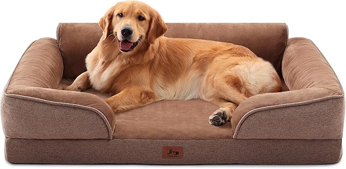 XL Orthopedic Dog Beds for Large Dogs, Waterproof Egg-Crate Foam Pet Couch Bed with Soft Sides, Non-Slip Dog Sofa with Flannel Removable Washable Cover, 42" L Supportive Pet Sofa, Brown