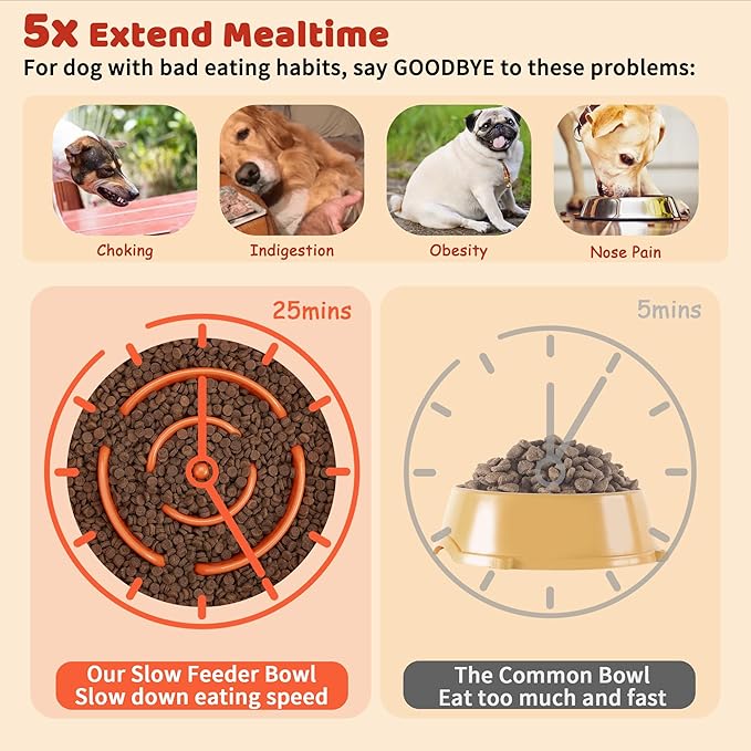 Elevated Slow Feeder Dog Bowl - Puzzle Maze Dish with Bamboo Stand - Raised Ceramic Food Bowl for Medium and Large Dogs - 8.8 Inch - Orange