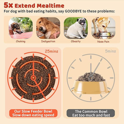 Elevated Slow Feeder Dog Bowl - Puzzle Maze Dish with Bamboo Stand - Raised Ceramic Food Bowl for Medium and Large Dogs - 8.8 Inch - Orange