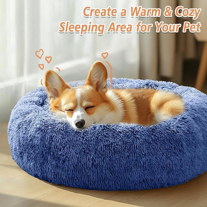 JOLLYVOGUE Small Dog & Cat Beds for Indoor Cats, Donut Cuddler Warming Soft Dog Beds with Anti-Slip Bottom, Round Calming Fluffy Plush Faux Fur Cushion Bed for Medium Dogs (31")