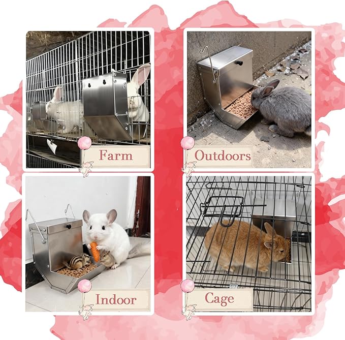 Paiaojia Rabbits Feeder 2 Pcs - Gravity Feeding for Cage Stainless Steel 4Lbs 6.2 Inch, Anti-Corrosion Durable with Sliding Lid for Pet Small Animal Indoor Outdoor Use, Holds Several Days' Food