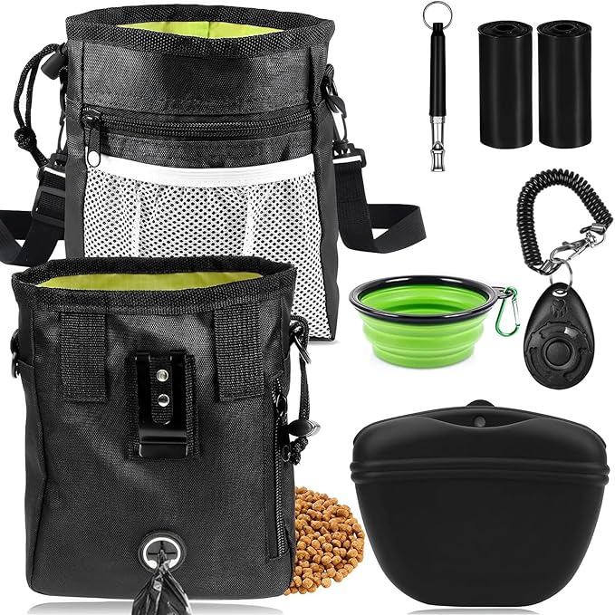 JIURUN Dog Treat Pouch for Pet Training - Dog Treat Bag (Black) - Dog Training Kit, Dog Clicker for Training, Silicone Treat Bag, 2-in-1 Whistle Clicker, Collapsible Dog Bowl, 2 Dog Poop Bag