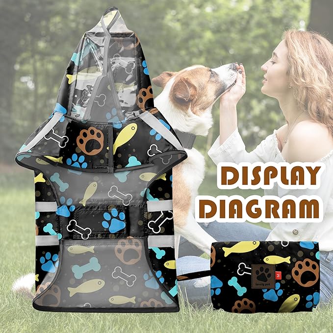 Dog Raincoat, Adjustable Rain Jacket with Hooded Double Layer for Large Medium Small Dogs Puppies, Lightweight Waterproof Rain Coat Poncho with Reflective Stripe Paw Print Black,XXL