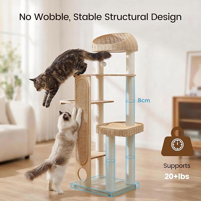 59-inch Cat Tree，Cat Tower with Scratching Post,Extra Long Sisal Blanket, Handwoven Basket & Space Capsule Nest
