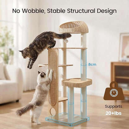 59-inch Cat Tree，Cat Tower with Scratching Post,Extra Long Sisal Blanket, Handwoven Basket & Space Capsule Nest