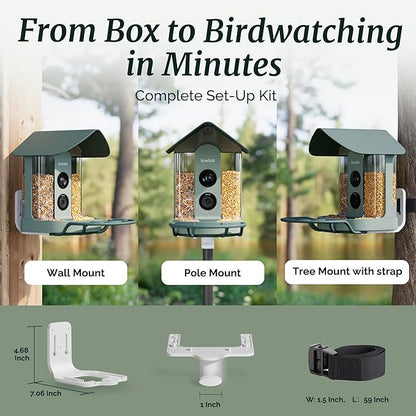 Beako™ Smart Bird Feeder with 4K Camera Solar Powered for Outdoors - UHD Live Stream for Birdwatching, AI Identification 10,000+ Bird Species, Real-Time Motion Detection, Forest Birch