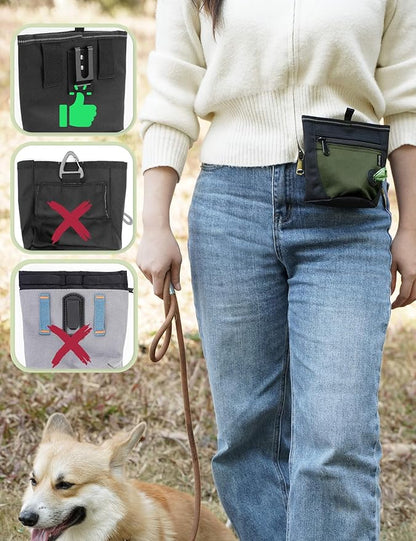 Gobeigo Dog Treat Pouch and Training Clicker, Upgrade Two Magnetic Closure to Prevent Spills, 2 Cup Treat Bag with Poop Bag Dispenser, Metal Clip Waist Belt Fanny Pack for Pet Walk (Black/Army Green)