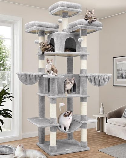 Globlazer Big Cat Tower for Indoor Cats, 80inch Cat Tower for Multiple Adult Cats XXL Cat Tree with Scratching Post, Hammock, 3 Perches, 2 Condos, 2 Hanging Basket, F80, Light Grey