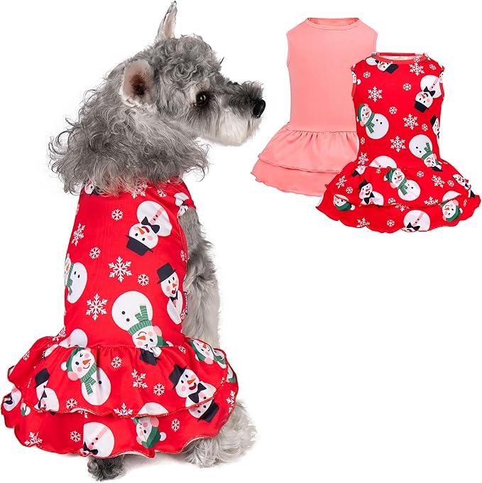 cyeollo 2 Pack Dog Christmas Dress Holiday Dog Dresses for Small Dogs Soft Breathable Holiday Pet Clothes Girl Snowman Outfit Pet Apparel, XL