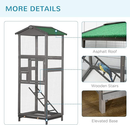 PawHut 65" Wooden Bird Cage Outdoor Aviary House for Parrot, Parakeet, with Pull Out Tray and 2 Doors, Grey