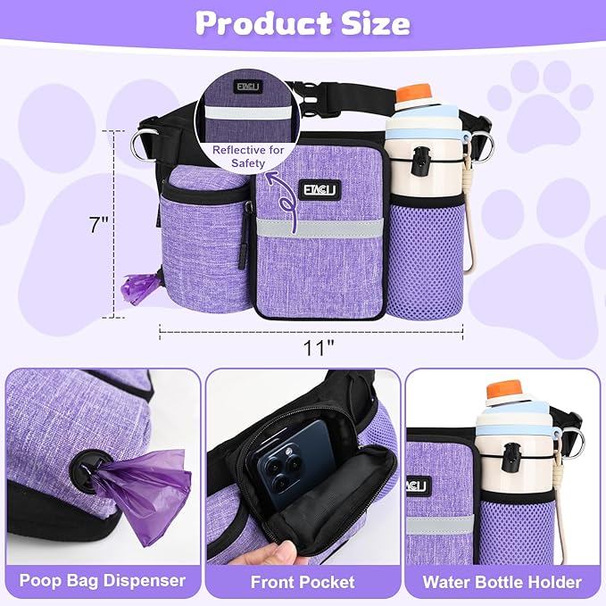 ETACCU Heavy Duty Hands Free Dog Leash with Zipper Pouch for Two Dogs, Waist Belt for Large Medium Dogs for Running, Walking, Jogging and Hiking, Dual Padded Handles and Durable Bungee (2 Dog Purple)