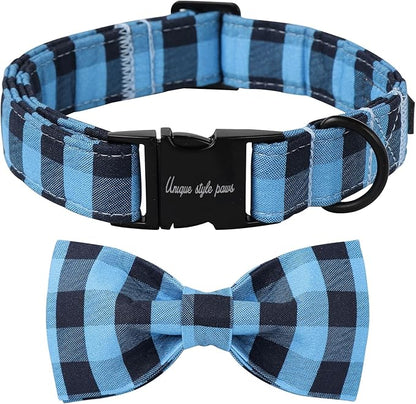 Unique style paws Cotton Dog Collar with Bow Puppy Collar with Black Blue Grid for Small Medium Large Boys Girls Dogs