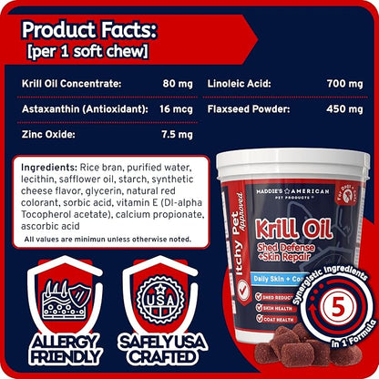 Itchy Pet Approved Krill Oil Bites - Up to 240 Day Supply - Hypoallergenic Skin & Coat Supplement - Shedding & Allergy Support for Dogs & Cats (2 Pack, Cheese)