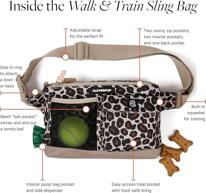 Dog Walk & Train Sling Bag - Hands-Free 2-In-1 Treat Pouch, Poop Bag Holder, Clicker, Phone Pocket - Crossbody/Fanny Pack, Adjustable Strap - Leopard