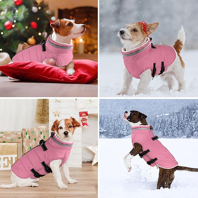 Dogcheer Dog Coat with Harness, Waterproof Dog Jacket Adjustable Winter Coat with Zipper, Christmas Puppy Snow Jacket Fleece Sweater for Small Medium Large Dogs - Light Pink S