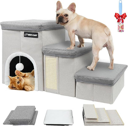 Dog Stairs for Bed Couch Folding with Storage, Dog Stairs for Small Dogs to Get On Bed with Cat Condo, Steps for Large Medium Dogs, Old Cat Pet Stair Steps for High Beds 17.2" H, Pet Ramp Up to 220LBS