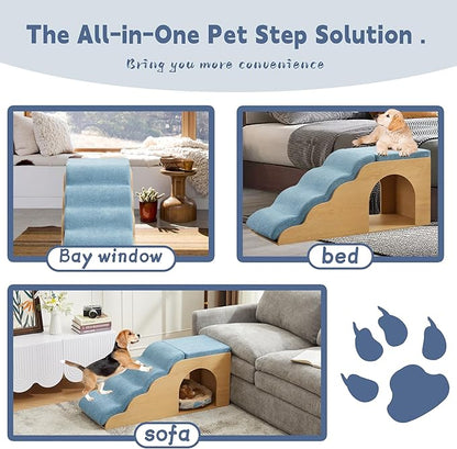 40.9" Lx15.7 Wx17.7 H Dog Ramp and Stairs for Beds,Up to 200 lbs Durable Wooden Dog Steps with Storage&Hideout Space,Curved Pet Stairs for Couch,Sofa, with Washable Cover&High Density Foam-Blue