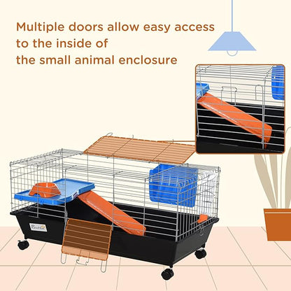 PawHut 35" L Small Animal Cage, Rolling Bunny Cage, Guinea Pig Cage with Food Dish, Water Bottle, Hay Feeder, Platform, Ramp for Chinchilla, Black