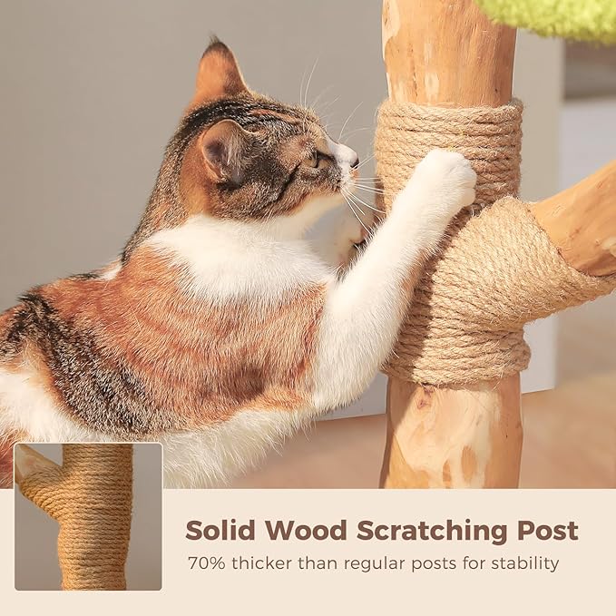 Wood Cat Tree with Flower Perch, 53.5" Modern Cat Tower w/Natural Solid Wood Scratching Post (φ3.8in), Large Heavy Duty Forest Cat Tree Furniture w/2 Condos for Indoor & Multi-Cat Household
