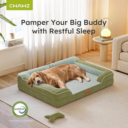 XXL Dog Bed for Extra Large Dogs, Giant Orthopedic Dog Bed with Cooling Gel Memory Foam, Waterproof Pet Bed with Removable Washable Cover, 53" Pet Sofa bed Dutch Velvet with Bone Toy, Dark Green