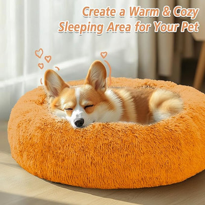 JOLLYVOGUE Small Dog & Cat Beds for Indoor Cats, Donut Cuddler Warming Soft Dog Beds with Anti-Slip Bottom, Round Calming Fluffy Plush Faux Fur Cushion Bed for Small Dogs (23", Orange)