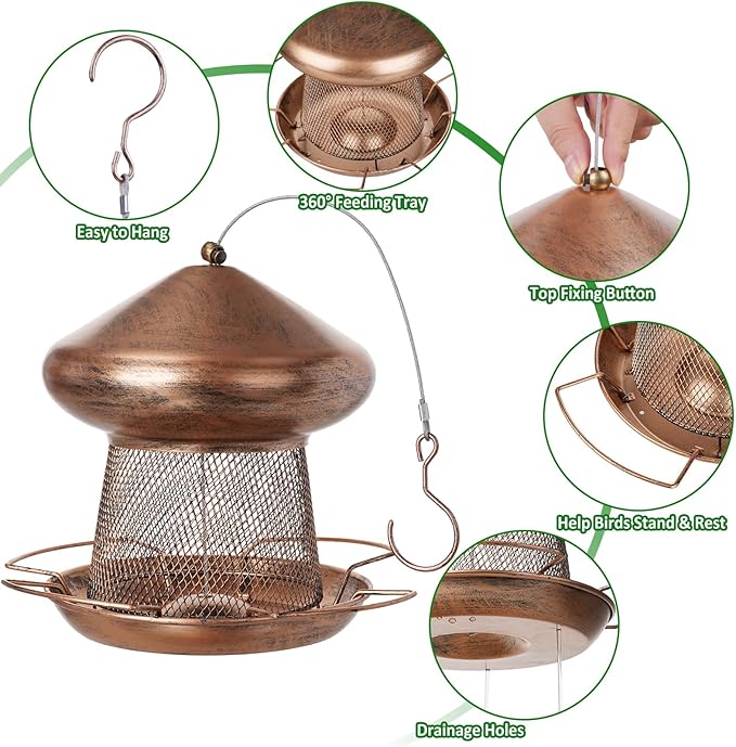 IWNTWY Bird Feeder, Heavy Duty Metal Bird Feeders for Outdoor Hanging, Cute Mushroom Shape 3.5 LB Large Capacity Wild Birdfeeder for Outside Garden Yard (Brown)