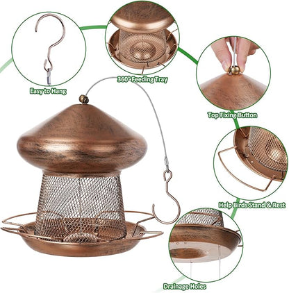 IWNTWY Bird Feeder, Heavy Duty Metal Bird Feeders for Outdoor Hanging, Cute Mushroom Shape 3.5 LB Large Capacity Wild Birdfeeder for Outside Garden Yard (Brown)