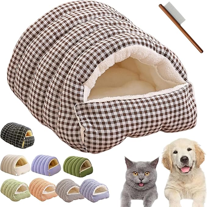 Winter Cave,Warmth Cozy Comfort Plush Pet Cave,Cute Cozy Safe Hideaway Cat Bed with Removable Cushion,Warm Soft Removable Washable for Cats and Dogs (Brown Plaid, M: 18.89 * 11.81 * 7.87 in)