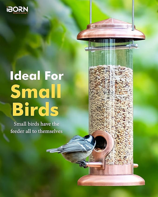 iBorn Metal Bird Feeder Hanging Wild Bird Feeders for Mix Seed Blends Heavy Duty All Metal Finishing, Copper Finish, 8 Inch 2 Port (Seed is not Included)