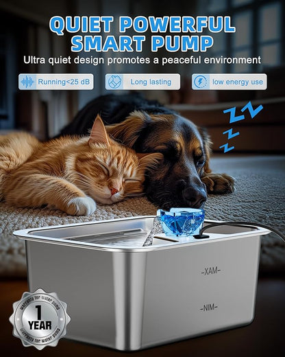 Lesotc Dog Water Fountain for Large Dogs, 11L/3Galon Stainless Steel Large Pet Water Fountain with 4 Filters, Automatic Dog Water Bowl Dispenser, Ultra-Quiet Pump, Ideal for Multi-Pet Home
