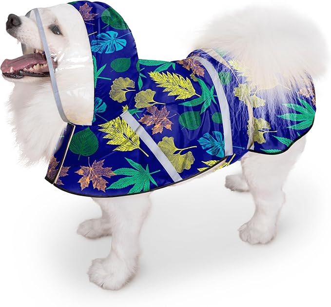 Dog Raincoat, Adjustable Rain Jacket with Hooded Double Layer for Large Medium Small Dogs Puppies, Lightweight Waterproof Rain Coat Poncho with Reflective Stripe Leaf Blue,M
