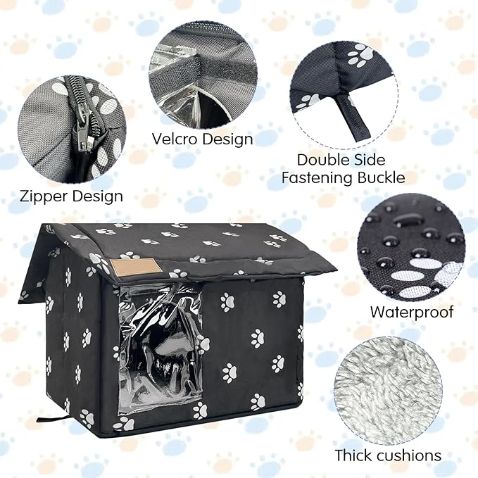 Fhiny Stray Cats Shelter, Waterproof Outdoor Cat House Foldable Warm Pet Cave for Winter Wild Animal Tent Bed Anti-Slip Kitten Cave for Feral Cat Dog Puppy Weatherproof Black (M:15.7"×13.7"×15.7")