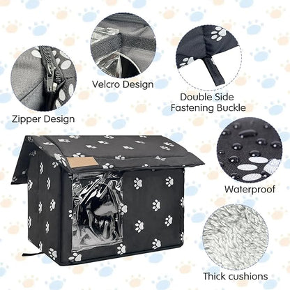 Fhiny Stray Cats Shelter, Waterproof Outdoor Cat House Foldable Warm Pet Cave for Winter Wild Animal Tent Bed Anti-Slip Kitten Cave for Feral Cat Dog Puppy Weatherproof Black (L:17.7"×15"×16.5")