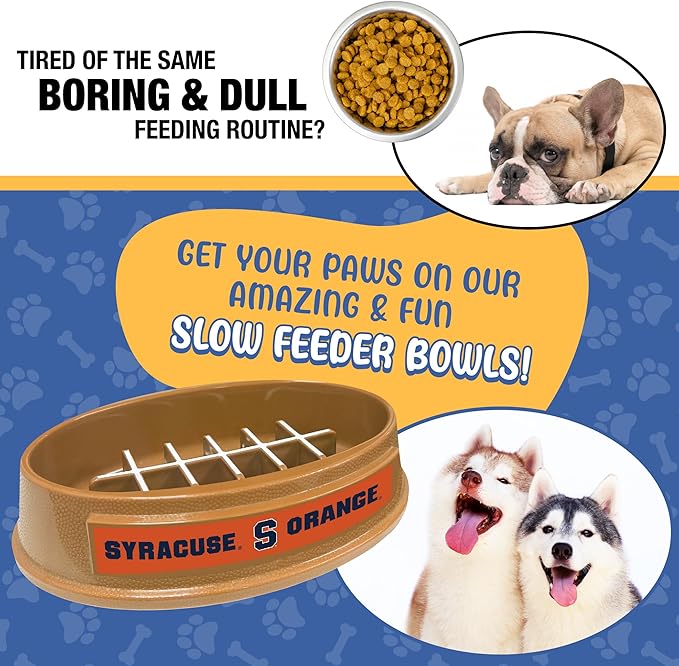 NCAA Super-Bowl - Syracuse Orange Slow Feeder Dog Bowl. Football Design Slow Feeding Cat Bowl for Healthy Digestion. Non-Slip Pet Bowl for Large & Small Dogs & Cats