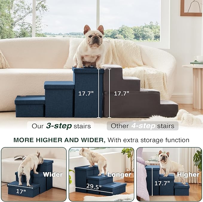 Love's cabin Dog Stairs with Storage,3 Steps Wider Dog Steps for High Bed 18" H,Foldable Pet Stairs for Small Medium Large Dogs Cats for Bed Couch Car, Ramp with Zip up to 200 lbs,Navy Blue, No Condo