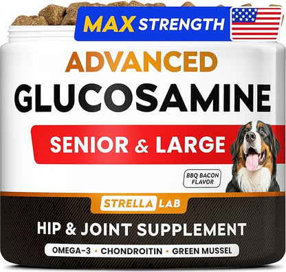 Advanced Glucosamine Hip & Joint Supplement for Senior Dogs - Green Lipped Mussel & Collagen - Hip & Joint Pain Relief - Large & Small Breed - Joint Health - Bacon - 120 Chews