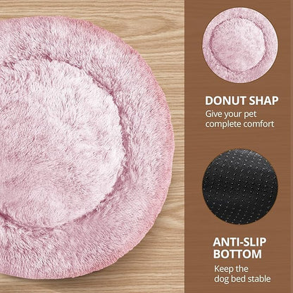 JOLLYVOGUE Small Dog & Cat Beds for Indoor Cats, Donut Cuddler Warming Soft Dog Beds with Anti-Slip Bottom, Round Calming Fluffy Plush Faux Fur Cushion Bed for Large Dogs (36", Smoke Pink)
