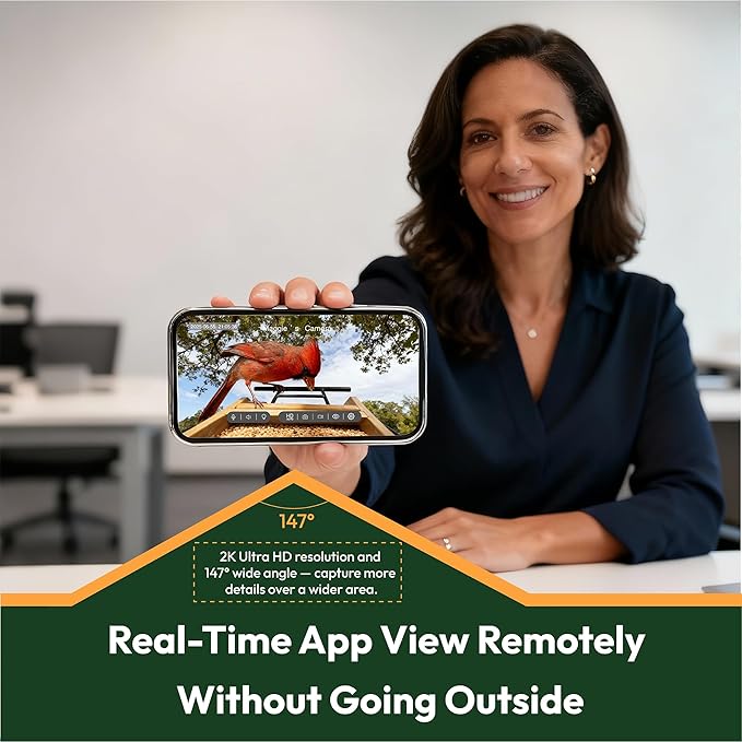 DETIKO Bamboo Bird Feeder with Camera, 2K HD, Built-in Solar Powered, 2.4GHz Wi-Fi, Night Vision, Motion Alerts, Live View, Local Storage, AI Bird ID for 2,800+ Species, Family Sharing