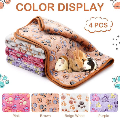 Reginary 4 Pcs Waterproof Guinea Pig Blankets Washable Small Animal Fleece Bedding Guinea Pig Cage Liners Reusable Training Pads Pet Pee Pad Sleep Mat for Hamster(Paw Print,12 x 12 Inch)