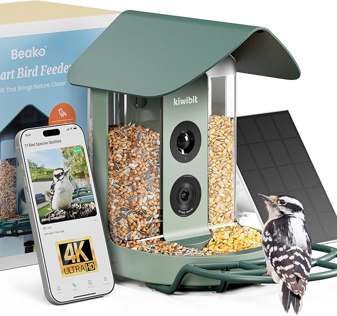 Beako™ Smart Bird Feeder with 4K Camera Solar Powered for Outdoors - UHD Live Stream for Birdwatching, AI Identification 10,000+ Bird Species, Real-Time Motion Detection, Ideal Gift for BirdLovers