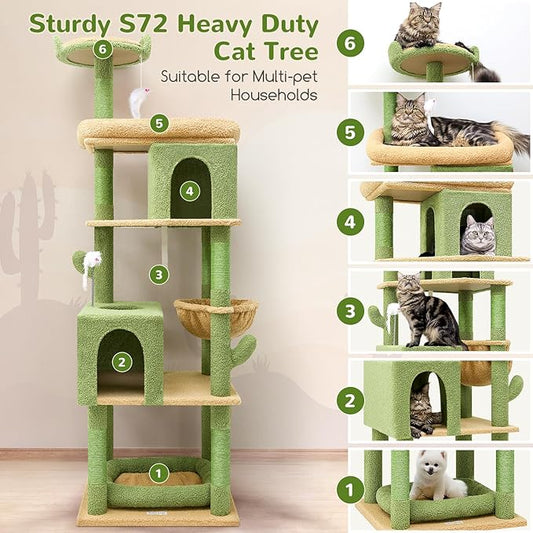 Globlazer Heavy Duty Cactus Cat Tree for Large Cats, Sturdy 72in Maine Coon Cat Tree for Large 20 lbs+ Cactus Cat Tower for Adult Biggest Cats with 6 Scratching Posts, Hammock, S72, Green