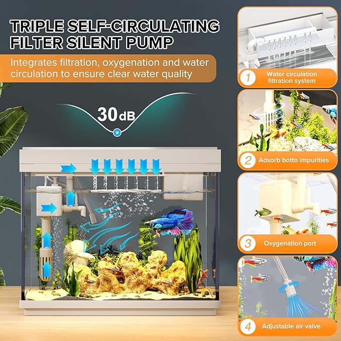 Vehipa Fish Tank 2.4 Gallon Aquarium Kit with Humidifier 7-Color Auto-Looping 3 in 1 Quiet Pump with Filteration & Oxygenation & Circulation, Temperature Display, HD Glass