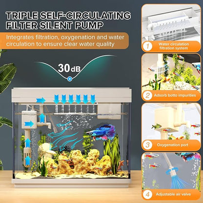 Vehipa Fish Tank 2.4 Gallon Aquarium Kit with Humidifier 7-Color Auto-Looping 3 in 1 Quiet Pump with Filteration & Oxygenation & Circulation, Temperature Display, HD Glass